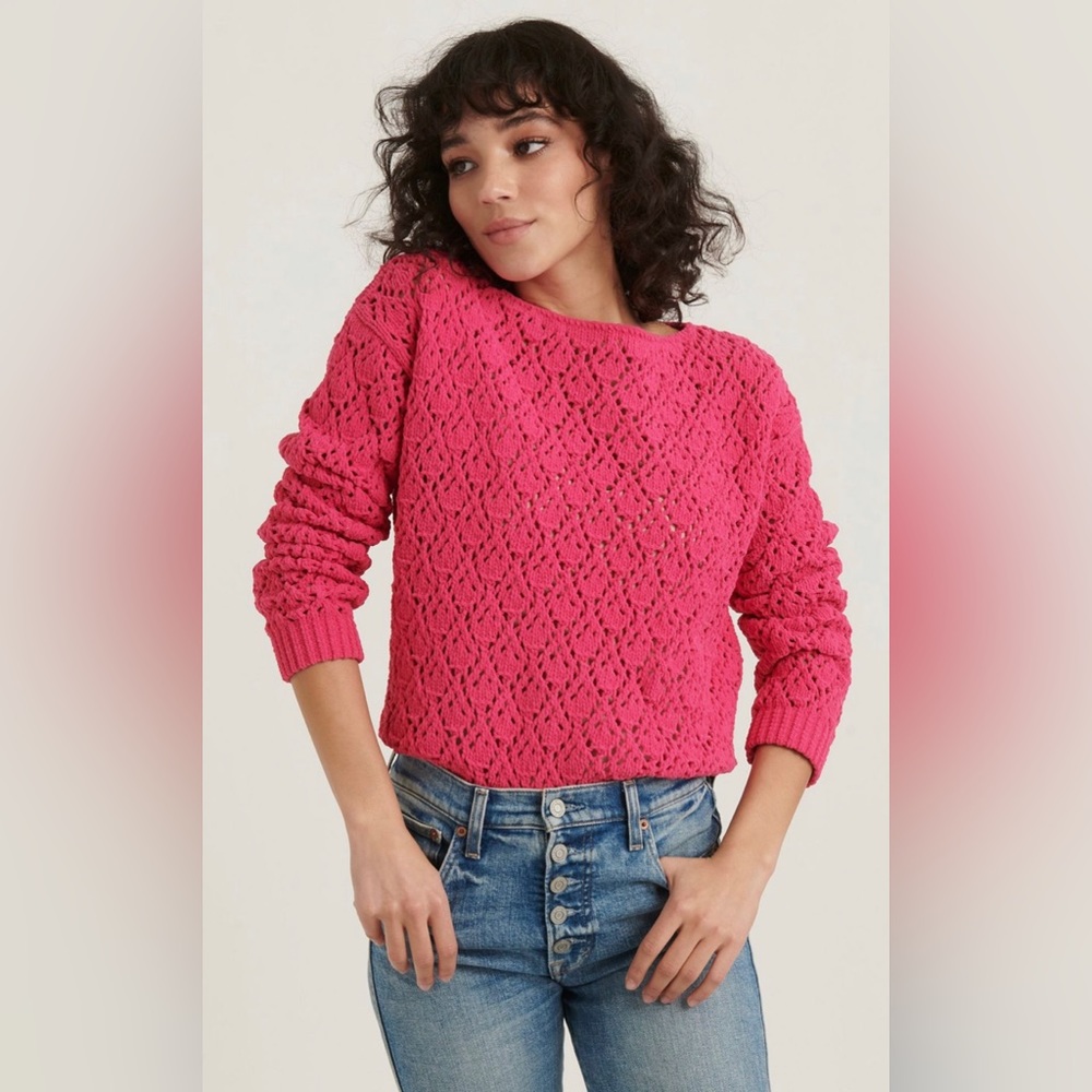 Lucky Brand Pointelle Chenille Pullover Sweater Crewneck Chunky Knit Medium